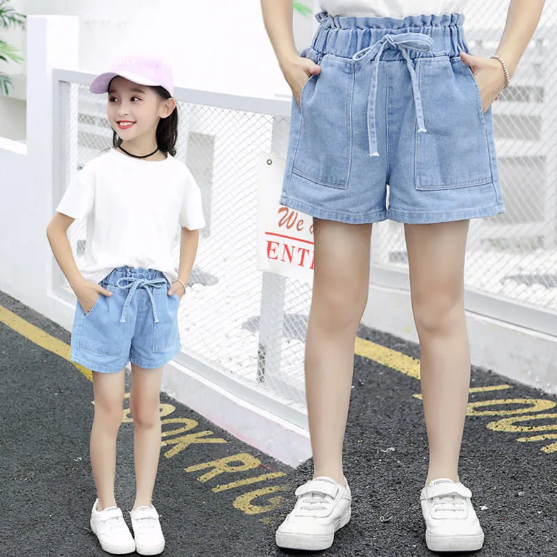 Girls Denim Shorts Teenage Girl Summer Lace Pants Kids Bow Clothes Children Flowers Embroidery Jean Short For Teenager