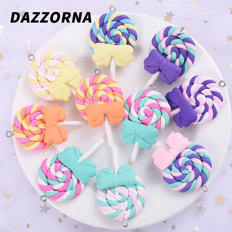 5Pcs/Lot Cute Candy Color Marshmallow Lollipop Bow-Knot Shaped Polymer Clay Pendant for Jewelry Crafts Making Accessories