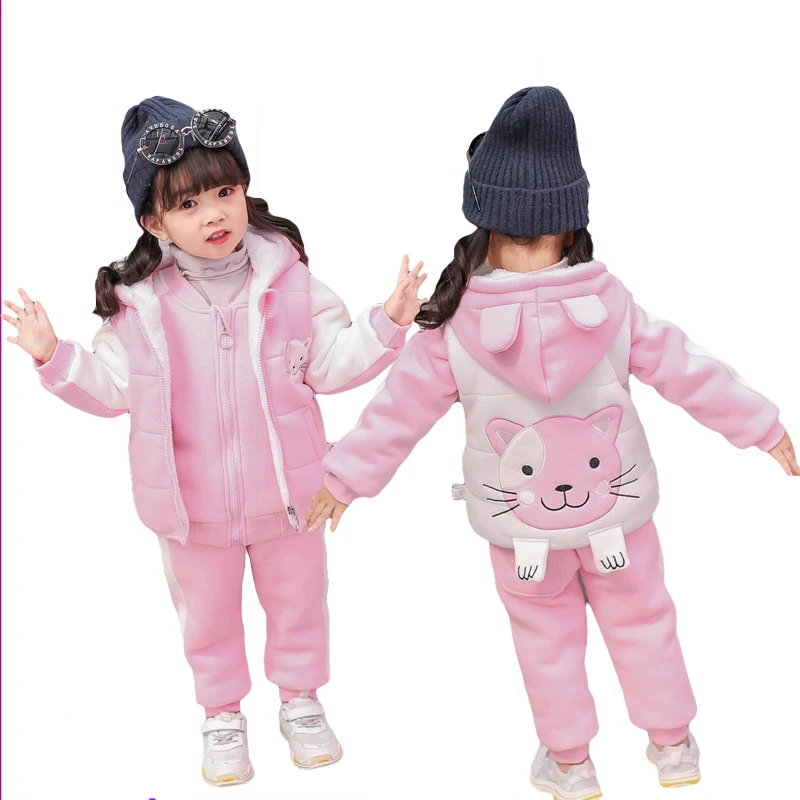 Winter Girls Cartoon Cat Clothing Sets Kids pantaloni caldi spessi Suit Children Plus Velvet tuta Toddlers gilet con cappuccio 3 pezzi 0-5Y