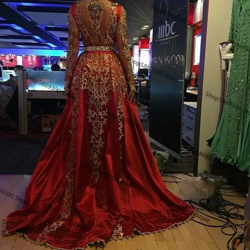 Applique Caftan vermelho com trem destacável, manga comprida, vestes Kaftan frisadas, vestido de casamento árabe e turco, vestidos de luxo, 2024