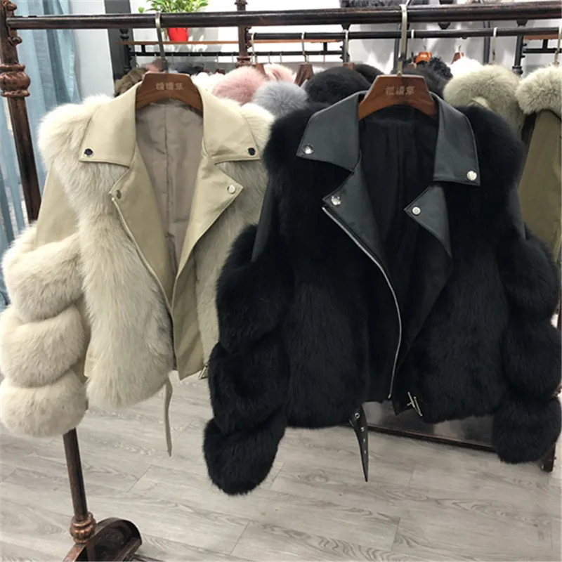 Office Lady Faux Fox Fur Winter Women Short Zipper Jacket Female Imitation Leather Stitching Model One Fur Parkas Biker Overcoat