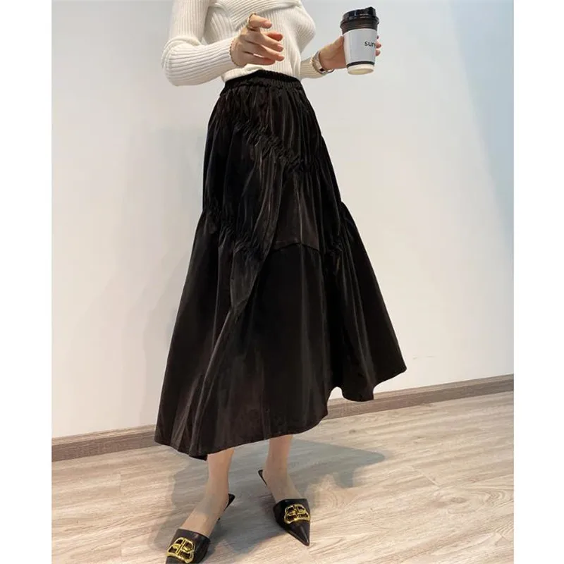 2023 Autumn Winter New Deerskin Velvet Mid-length Skirt Women's Irregular High Waist Large Hemlines A-line Skirt