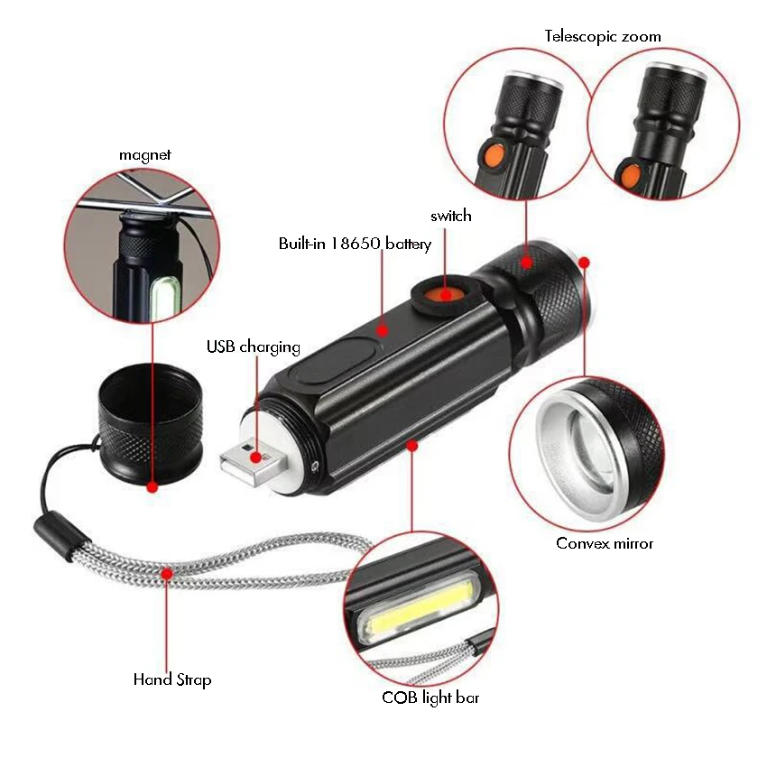 Latarka LED T6 wysokie lumeny latarki, przenośna lampy błyskowe z 3 trybami, Zoomable, wodoodporna do biwakowania na zewnątrz