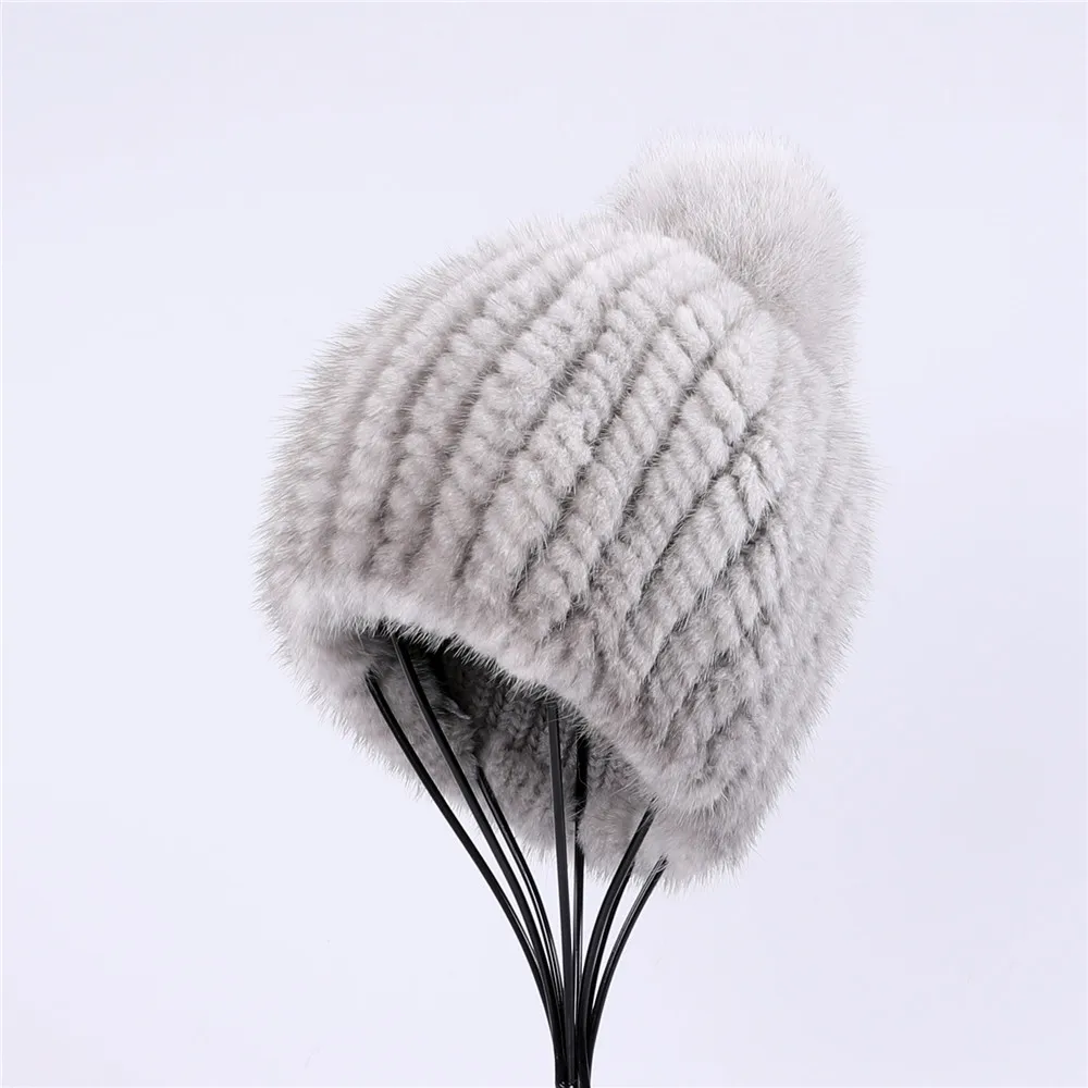 100% real mink fur hat women winter knitted beanie Russian Girls cap with fox fur pom poms thick female cap Elastic