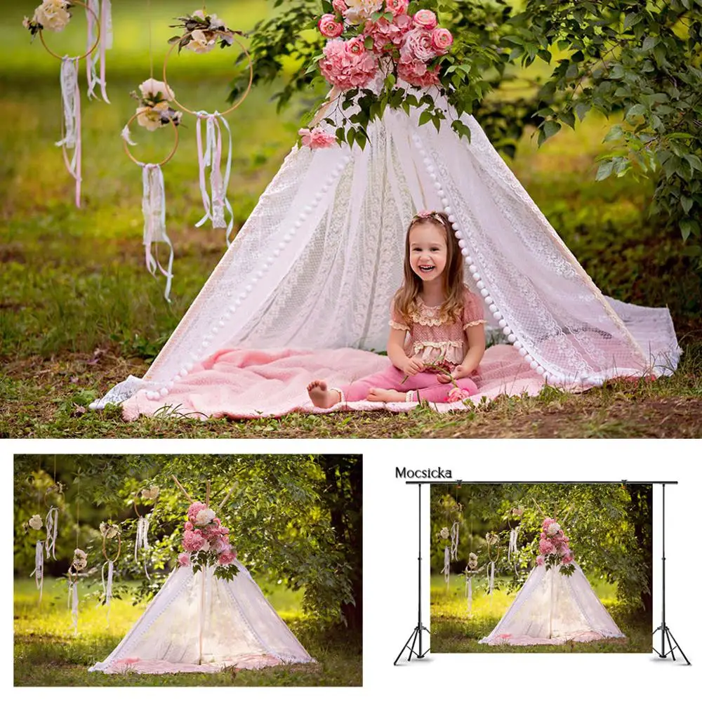 Mocsicka Princess Tent Birthday Backdrop Outdoor Woods Wreath Photography Background Newborn Baby Photo Decorative Props Studio