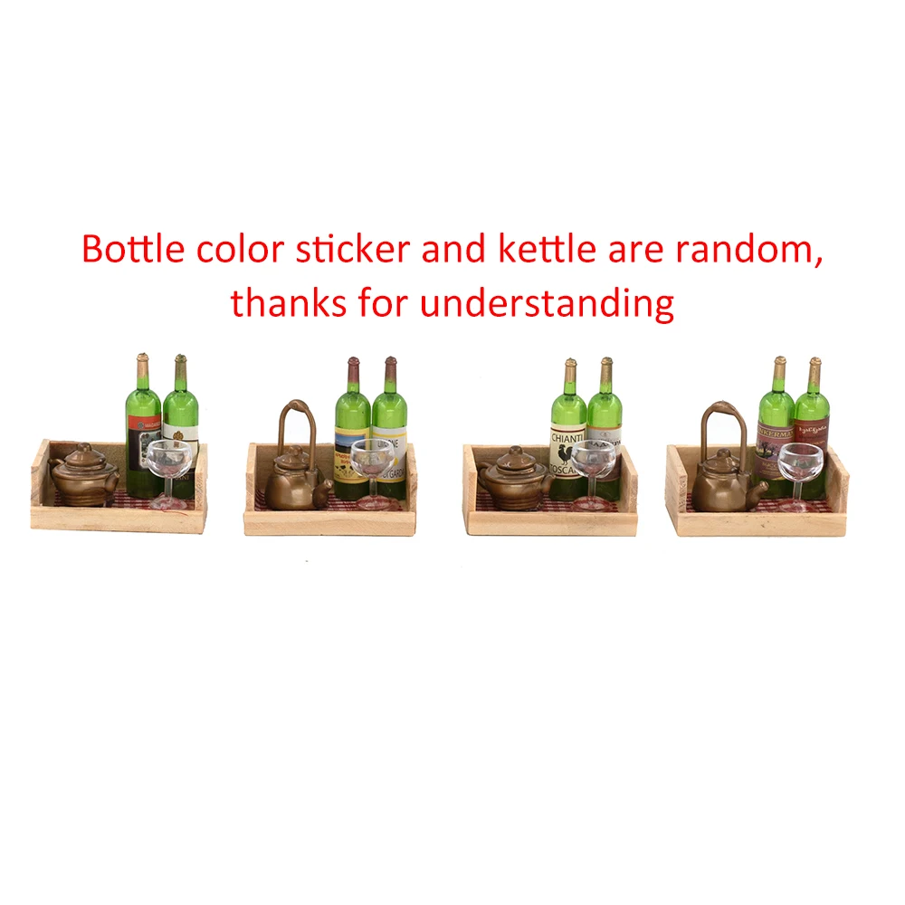 1/12 Dollhouse Miniature Accessories Mini Kettle Wine Bottle Goblet Set with Box Simulation Drinks Toy for Doll House Decoration