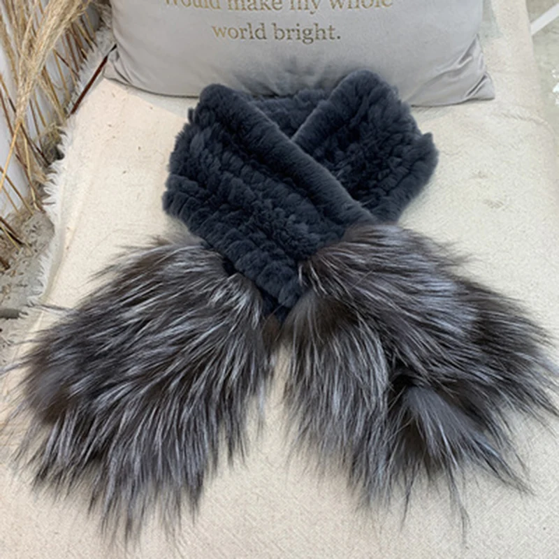 Women Autumn Winter Rex Rabbit Fur Knitting With Silver Fox Fur Collar Fur Scarf Warm Double-sided Scarf