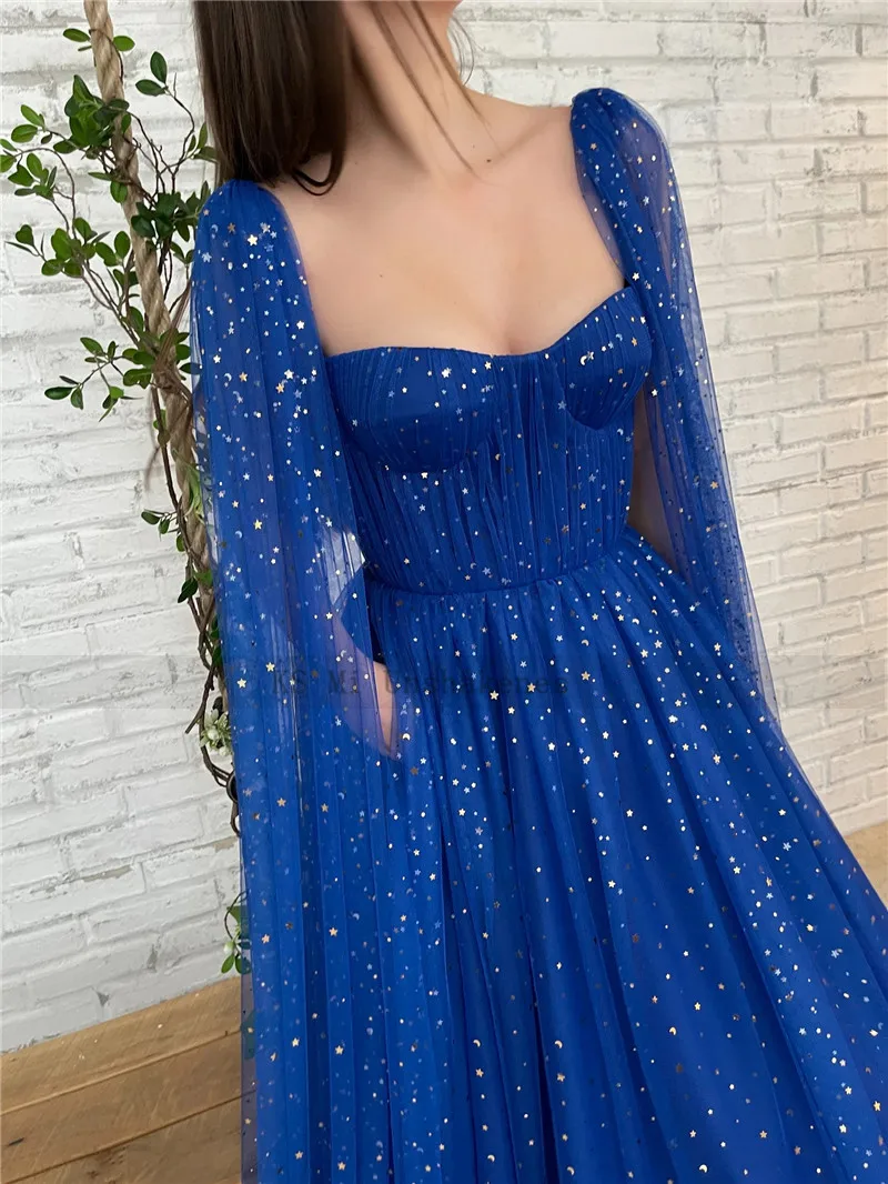 Elegante Starry Tulle Royal Blue Formele Avondjurken Speciale Gelegenheden Cap Mouw Lange Prom Dresses 2022 Vrouwen Robe De Soriee