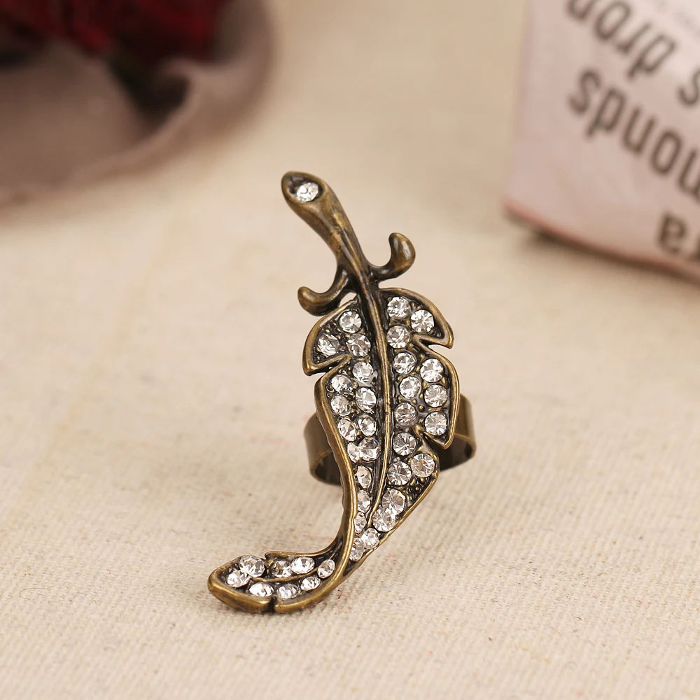 Ancient bronze rhinestone leaf temperament personality literature fashion gift female adjustable opening ring