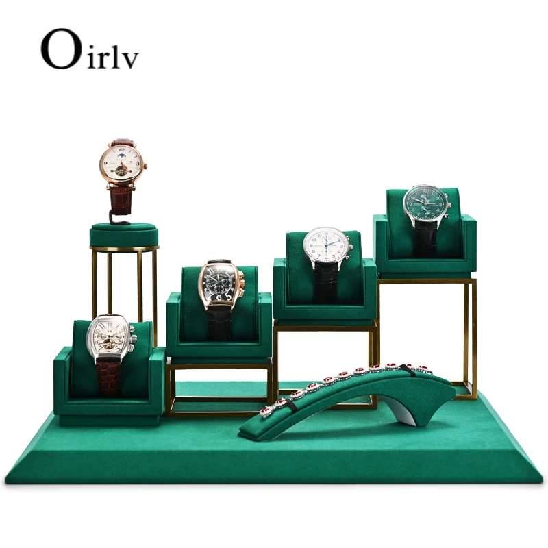 Oirlv Newly Green Metal Watch Display Props Set Watch Display Stands with Microfiber Jewelry Organizer Stands for Shop Cabinet