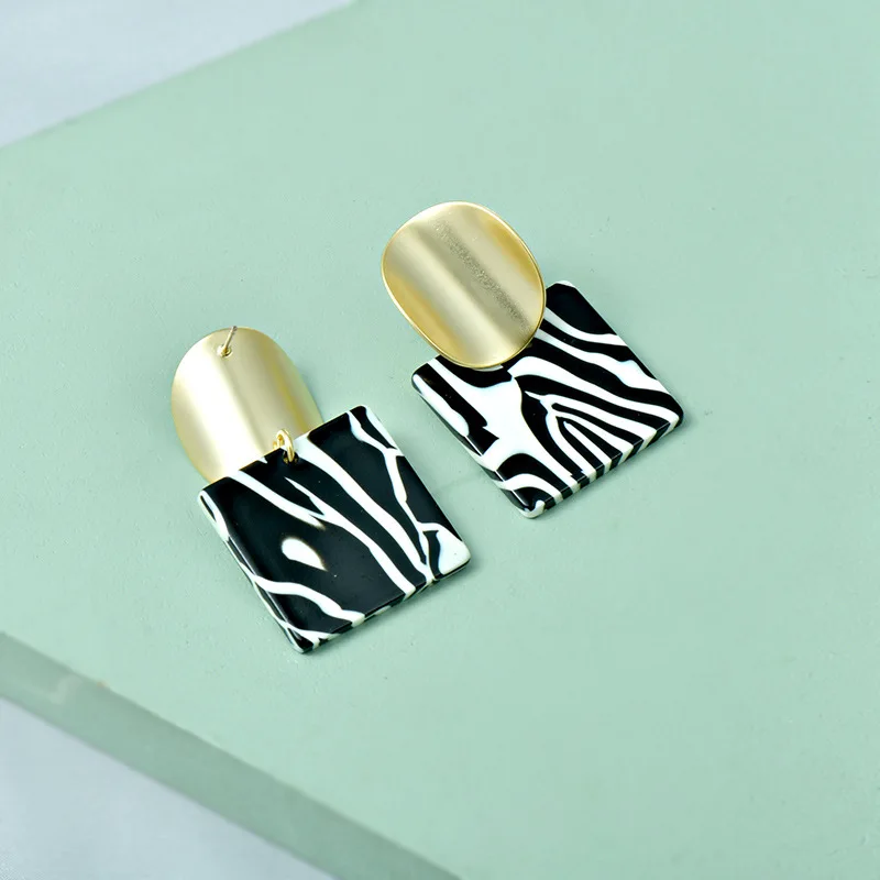 2021 New European Atmosphere Exaggerated Personality Earrings Drop Zebra Print Square Web Celebrity Earrings