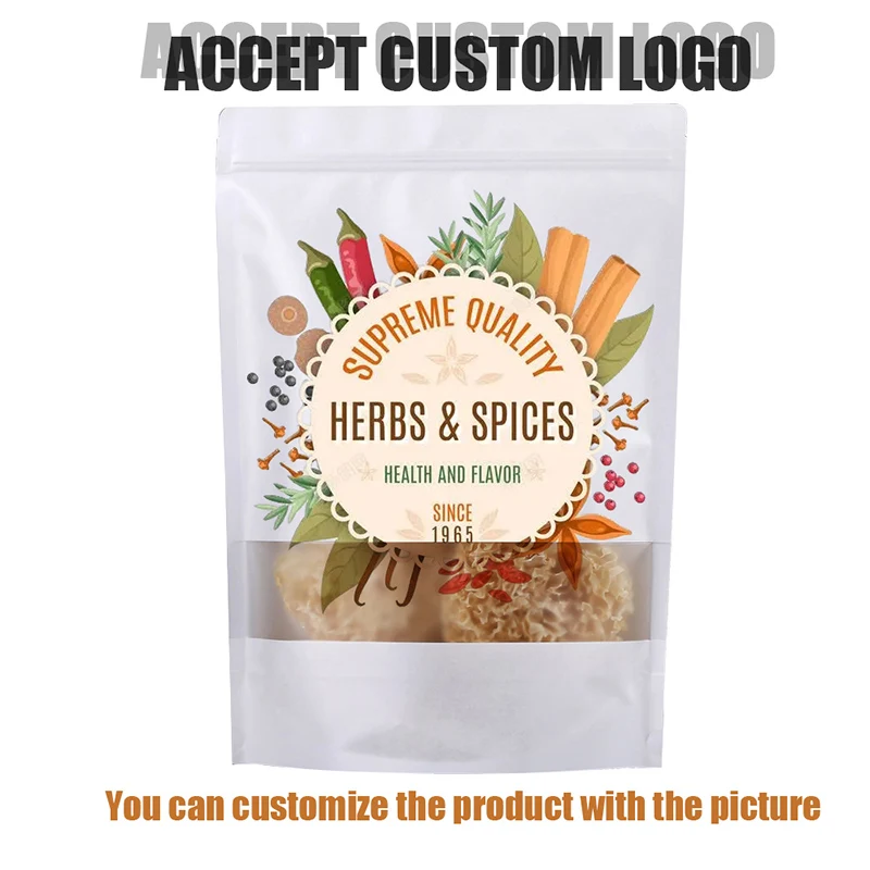 Custom Logo White Kraft Paper Stand Up Zip Lock Packaging Bag With Window, Spice,Tea Nuts,Candy,Biscuits,Pouch