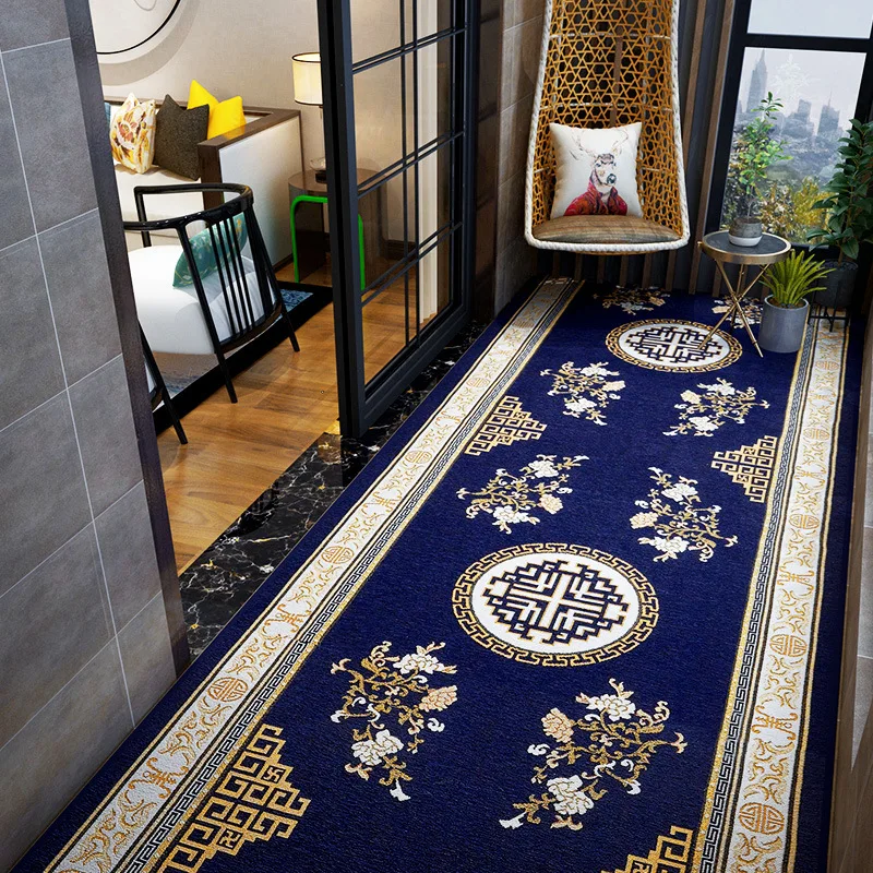 Chinese Traditional Rug Blue Carpet Runner For Hallway Home Hotel Luxury Rug Jacquard Fabric Woven Carpet Long For Corridor Hall