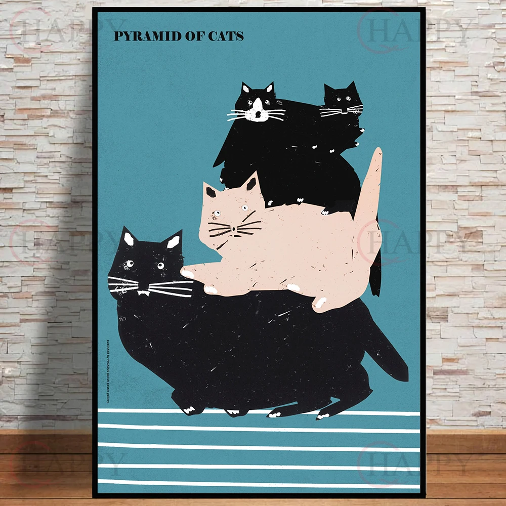 

Pyramid Of Cats Poster And Print Old Polish Poster Wall Art Four Cats Are Stacked Canvas Painting For Living Room Decor Unframed