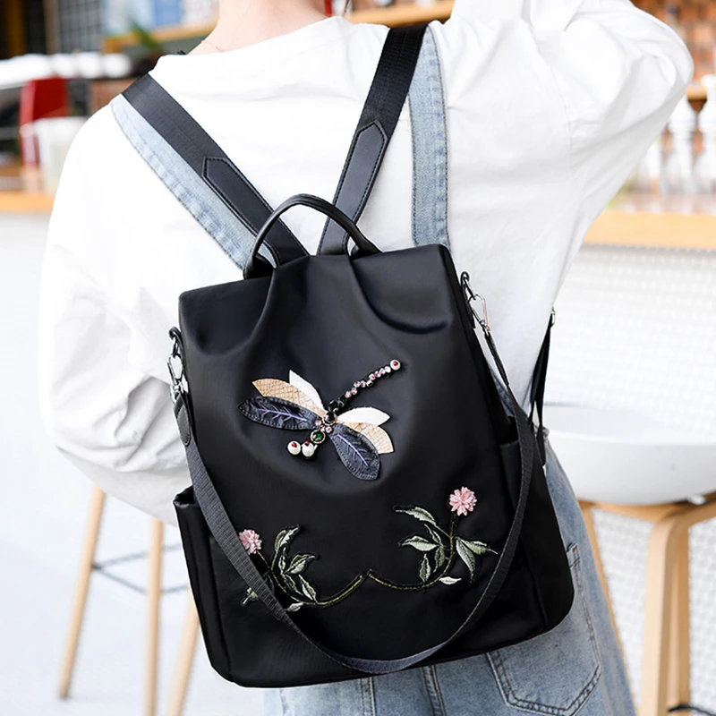 Simple Embroidery Backpack Shoulder Bags For Women Waterproof Oxford Travel Knapsack Large Capacity Student Laptop Rucksack