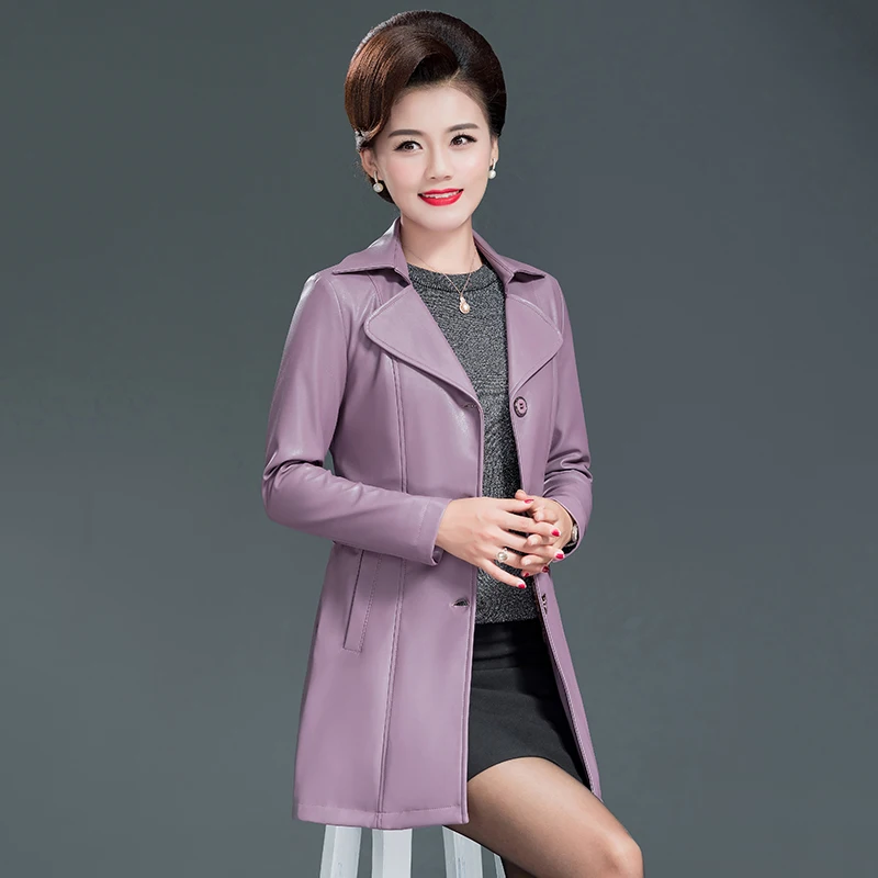 Chaqueta de cuero sintético para mujer de mediana edad, abrigo grueso, Delgado, con cintura larga, talla grande, para Otoño e Invierno