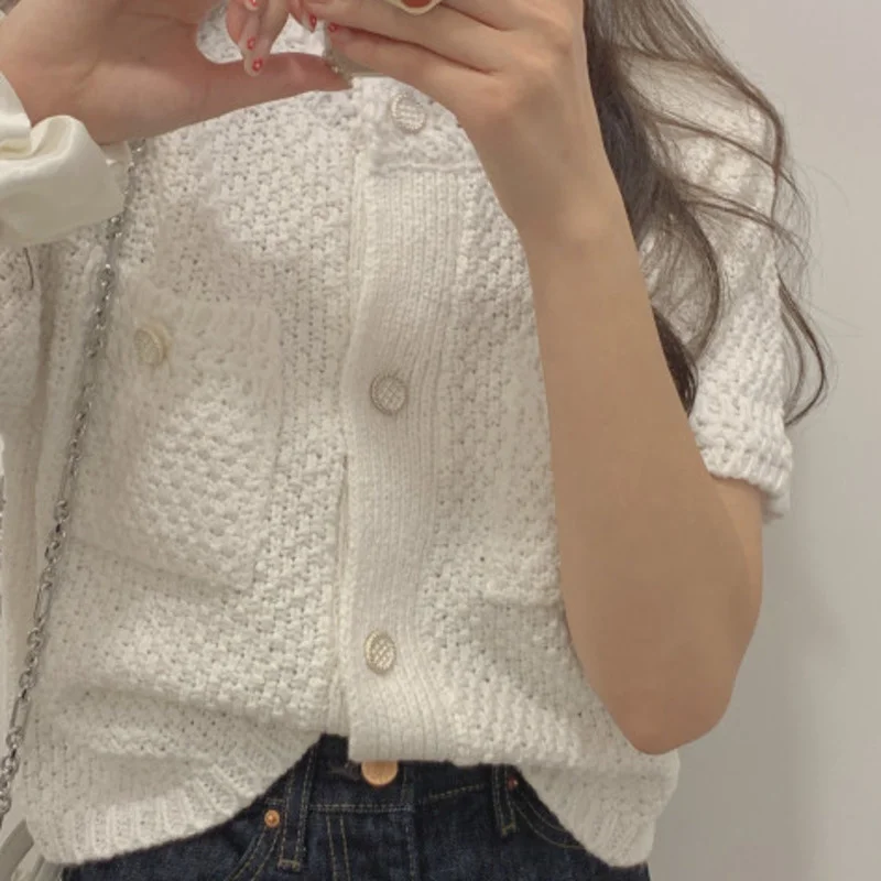 2021 New Arrivals Fashion Korea Style Versatile Single Breasted Short Sleeves Pocket White Knitted Sweater  X617