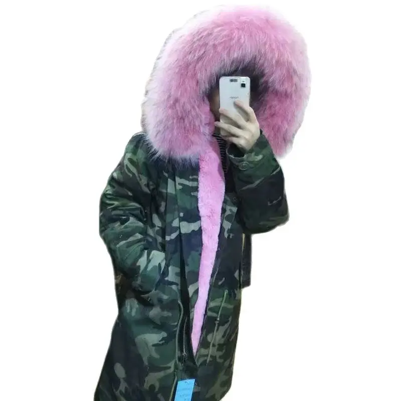 Camouflage Parka For Mr Mrs Wear Pink Fur Lining with Real Fur Hoodies Fur Jacket Wear