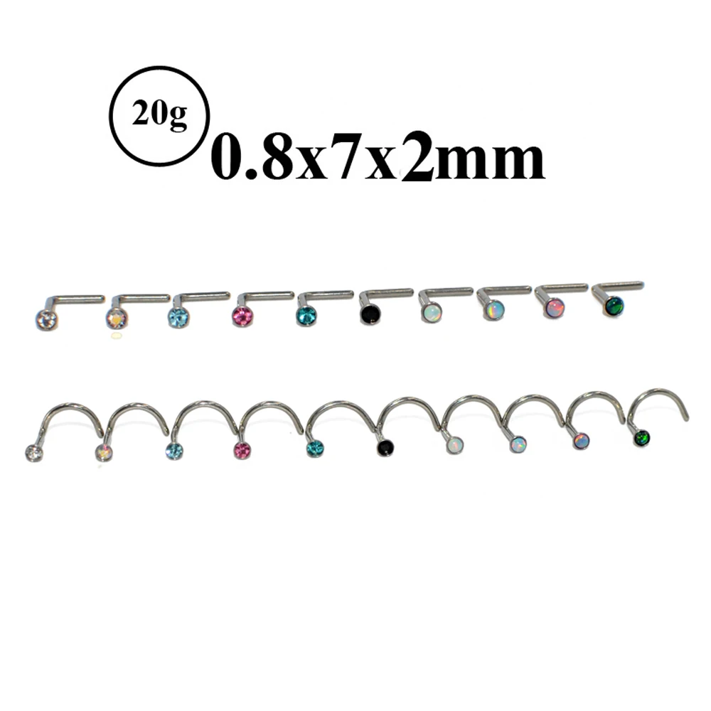 Lot 2 Pieces G23 Titanium Opal CZ Gem Screw  Nose Stud Piercing L Shape Nose Ring Pin Stud Ring Fashion Body Piercing Jewelry