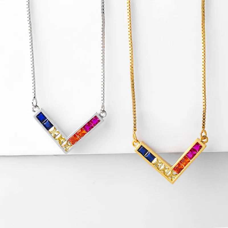 2 Color Geometric V Letter Minimalist Pendant Necklace Men's Chain For Women Jewelry Colorful Zircon Charm Choker Neck Link Gift