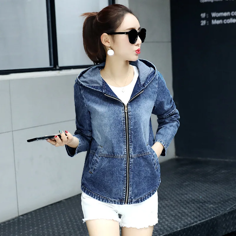 Autumn Winter Women Embroidery Jeans Jacket Korean Long Sleeves Hooded Zipper Denim Jacket Femlale Plus Size Windbreaker