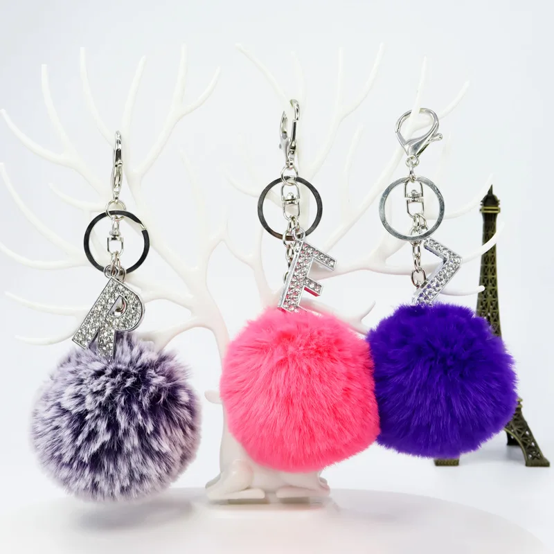 A-Z English Alphabet Letters Fur Ball Keychain Pendant Fluffy Pompom Faux Rabbit Fur Alloy Rhinestone Key Chain Key Ring