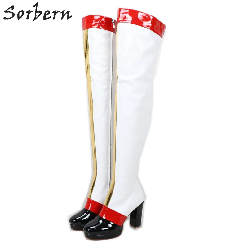 Sorbern White Thigh High Kinky Boots Block Heels Made-To-Order Custom Legs Width Boot For Drag Queens Kinky Boot Collections