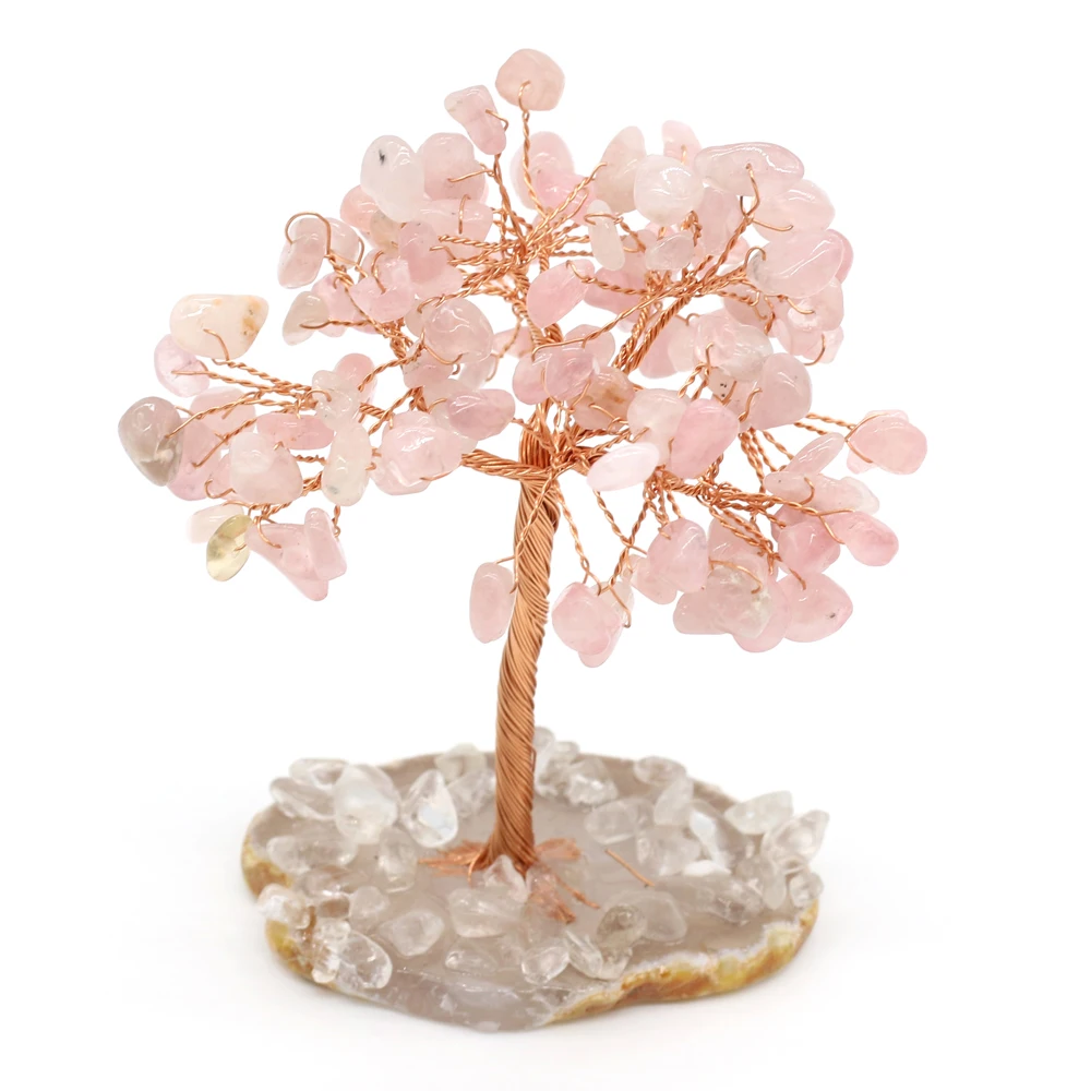 Natural Home Decoration Crushed Stone Copper Wire Winding Tree of Life Reiki Healing Crystal Rose Quartz Beautiful Ornaments 1PC