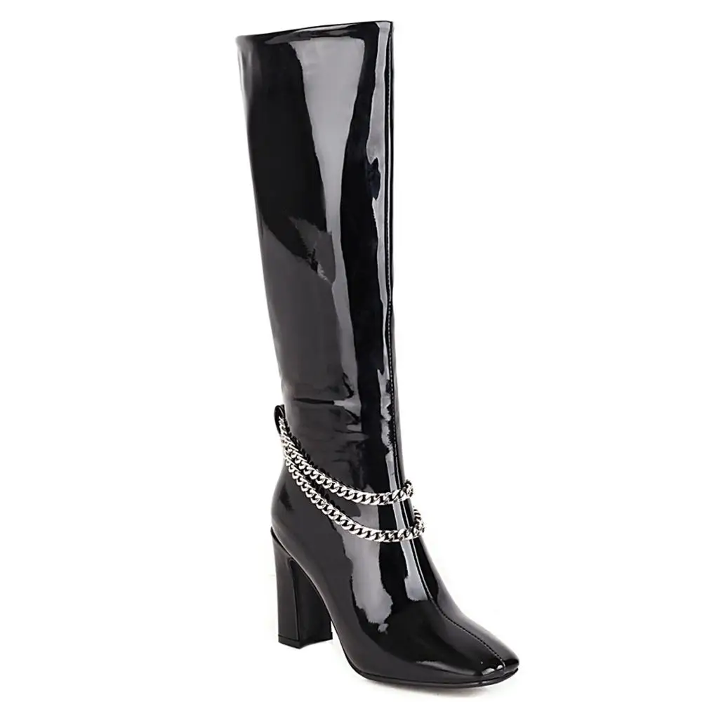 Oversized Metal Chain Super High Heel Patent Leather Knee-Length Boots Square Toe Thick Heel Shiny Leather Burgundy Warm Boots