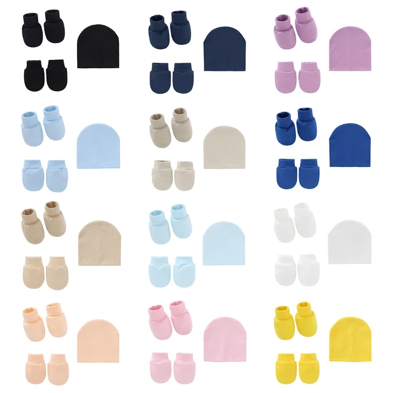 Baby Infants Anti Scratching Knitted Cotton Gloves+Hat+Foot Cover Set Newborn Face Protection Scratch Mittens Socks Cap