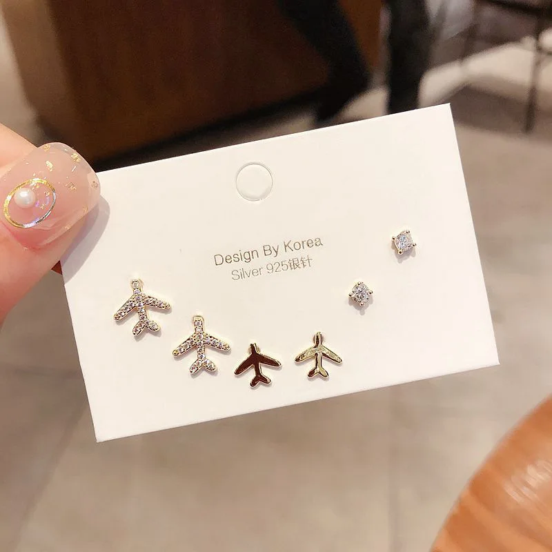 ANENJERY Fashion Airplane Stud Earrings Set Fashion Shiny Micro Inlaid Cubic Zircon Geometric Earrings 6-piece Set S-E1149