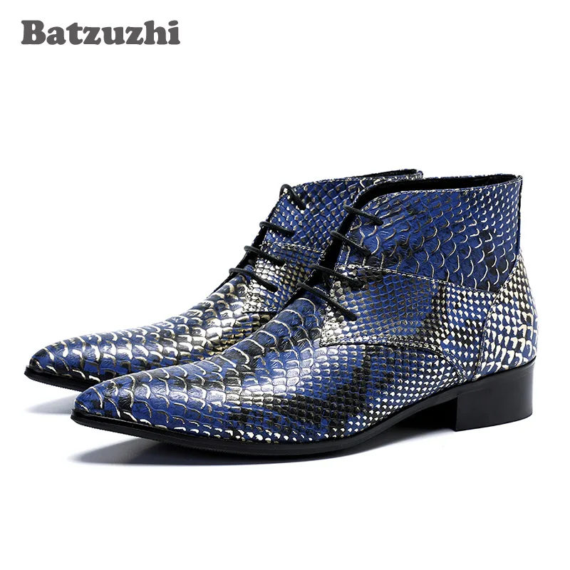 

Batzuzhi Luxury Men Boots Short Ankle Leather Boots Fashion Fish scale Leather Lace-up Pointed Toe Blue Party Boots Botas Hombre