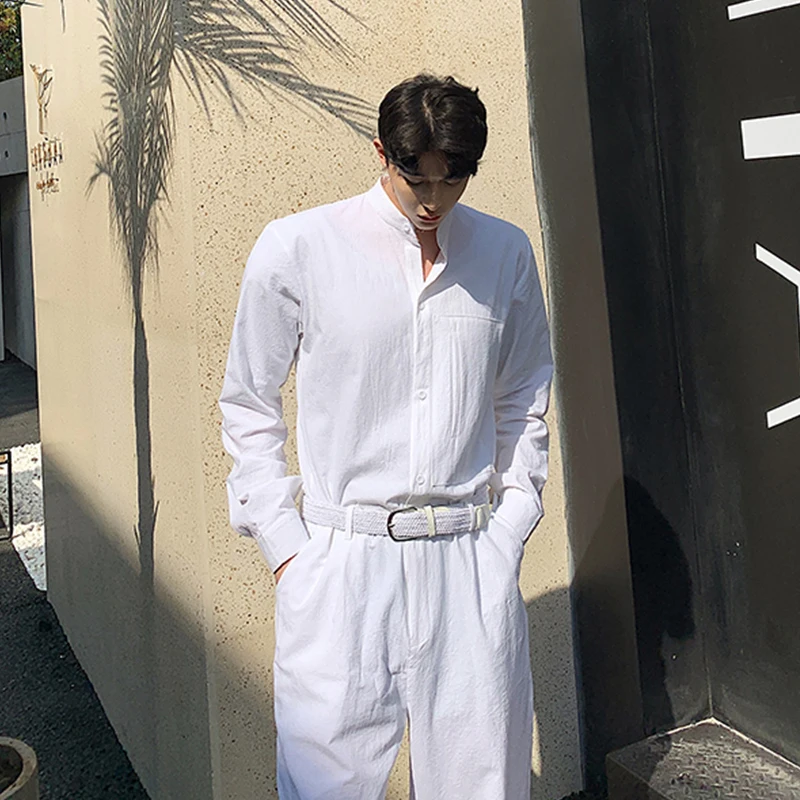 Suit summer conjoined Japanese men's Retro shirt stand collar clothes thin linen art long sleeve Jumpsuit cotton hemp