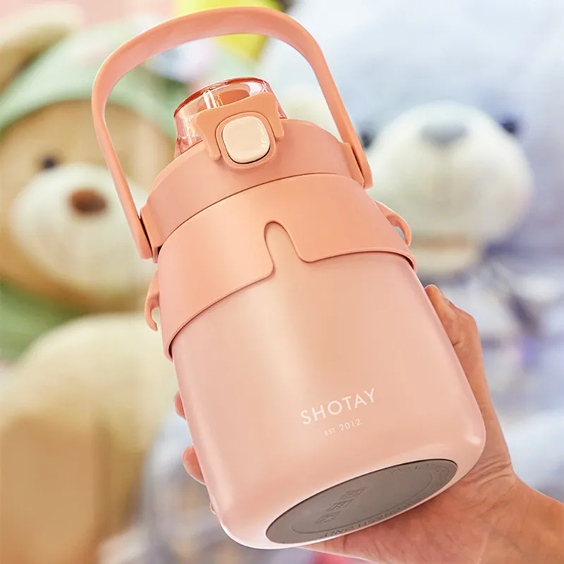 900ML Large-Capacity Vacuum Flask, 316 Stainless Steel Straw Cup, Cute Children's Thermal Flask With Straps, Student Water Cup