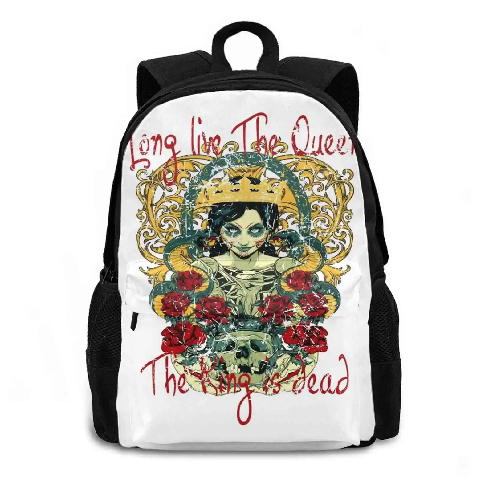 The King Is Dead-Long Live The Queen-Grunge Heavy Metal Bikers Design Pattern Design Bag Student'S Backpack Storemia Biker