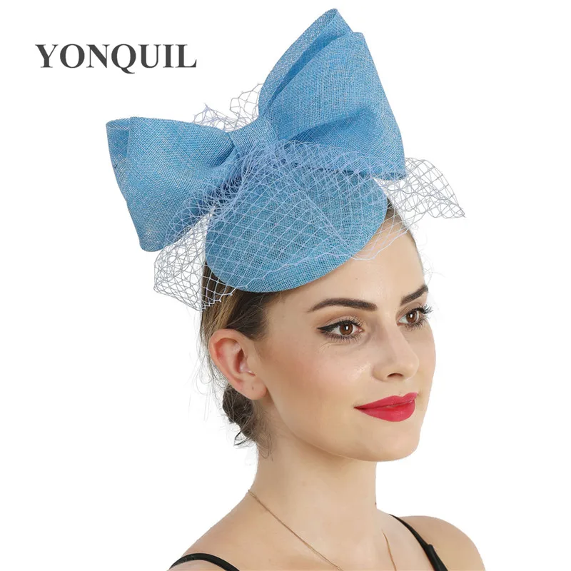 Light Blue Bow Wedding Hat Women Chic Fascinator Hairpin Bride Elegant Headpiece Hair Clip Mesh Hair Accessory Ladies Millinery