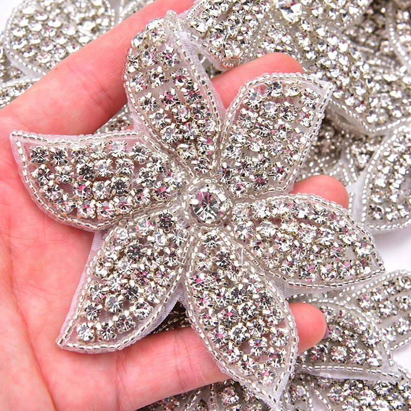 5pcs Crystal Rhinestone Flower Applique Hotfix Glass Beaded Bridal Patches Wedding Dress Belt Decoration Motif DIY Accessories