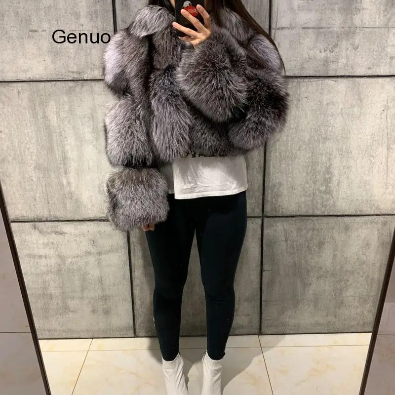 High Quality Furry Cropped Faux Fur and Leather Patchwork Jacket Women Faux Fur Short Coat Fake Fox Fur Outwear Winter Overcoat