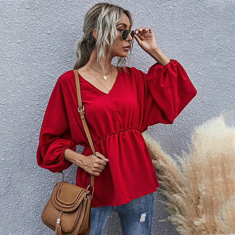 Ladies Blouse Women 2020 Casual V-neck Puff Sleeve Waist Woman Top Long Sleeve Fashion Loose O-Neck Red Shirts Fall Clothes