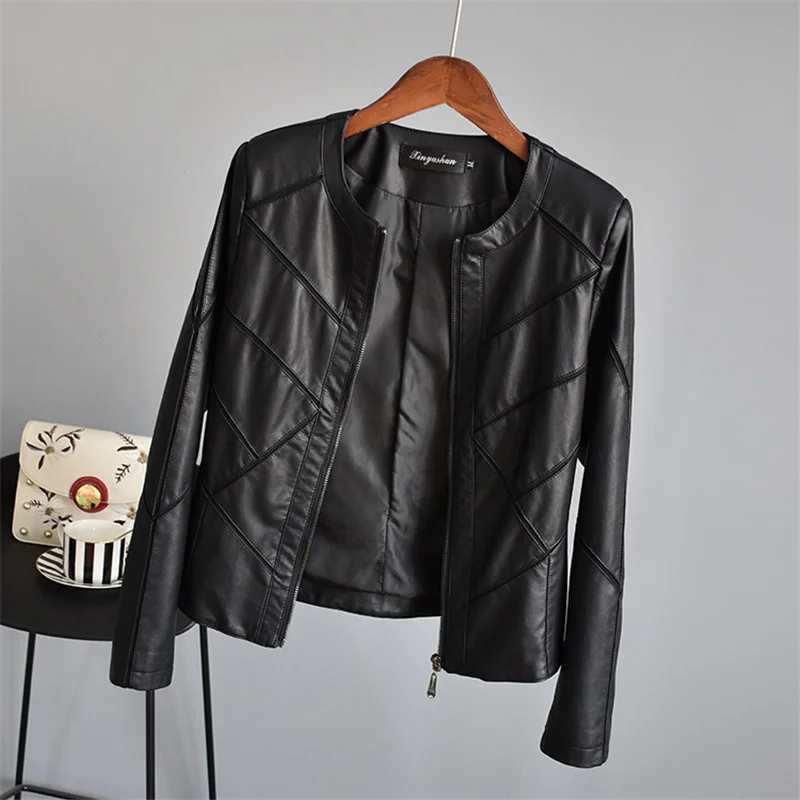 Harajuku Women Short Fashion O-Neck Long Sleeve Faux PU Leather Jacket Female Mesh Stitching Leather Outwear 2024 Autumn New