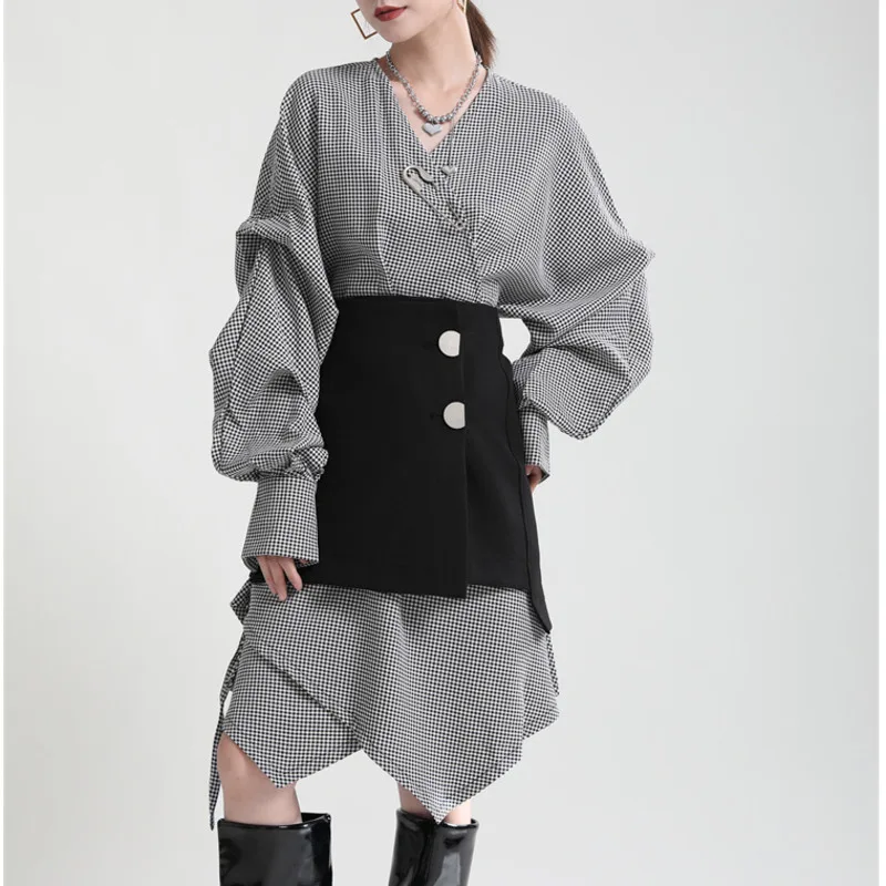 

Women Black Plaid Irregular Stitch Big Size Dress New V-Neck Long Sleeve Loose Fit Fashion Tide Spring Autumn 2021 N227