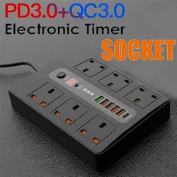 Tira de alimentación UTBVO con función de sincronización, Protector contra sobretensiones con 6 salidas, 5 puertos USB y 1 USB-C, 2500W/10A, cable de extensión de 2 metros
