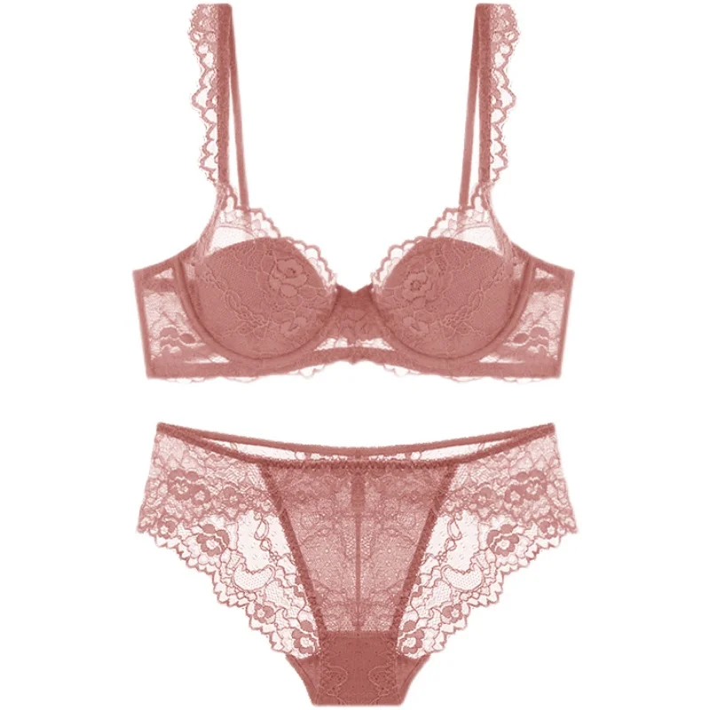 

Fashion Pink Lace Bra And Panties Female Sexy Lingerie Thin Cup Underwire Push Up Bras Underwear Women Sets Plus Size A B C D E