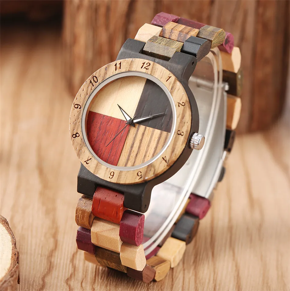 Wood Bangle Women's Quartz Wristwatch 4 Colors Mixed Dial Natural Full Wooden Lady Bracelet Watches Folding Clasp Timepiece