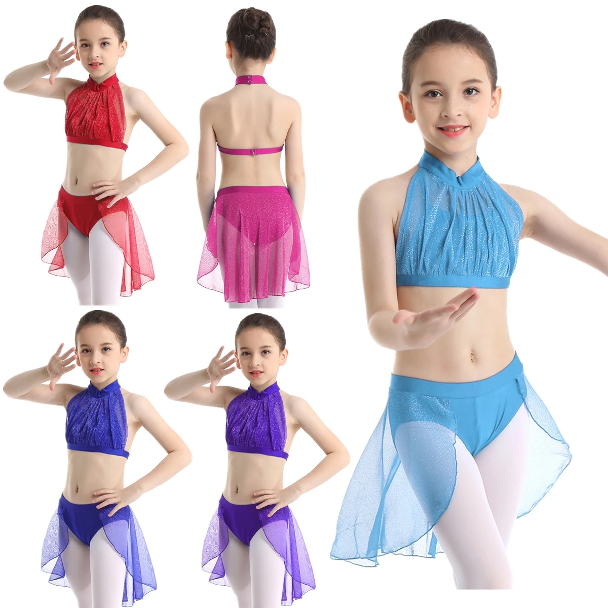 Kids Asymmetrical Ballet Tutu Dancewear Teen Girls Mock Neck Mesh Splice Crop Top +Leotard Skirt Stage Lyrical Dance Costume Set