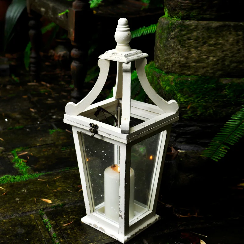 glass hurricane handmade retro vintage wood candle lantern white