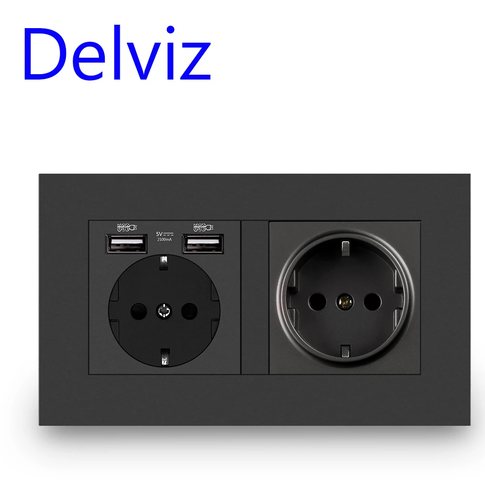 Podwójne gniazdo zasilania Delviz, port ładowania do użytku domowego, konstrukcja ze stalowej ramki, standard UE 16A 220V ~ 250V, szary panel gniazd ściennych USB