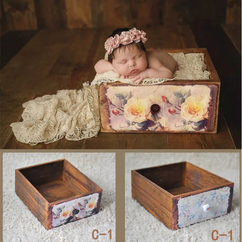 Newborn Photography Prop Photo Props Baby Studio Accessori  Vintage Wooden Drawer Frame  Furnitu Two Sides Print Newborn Shoot