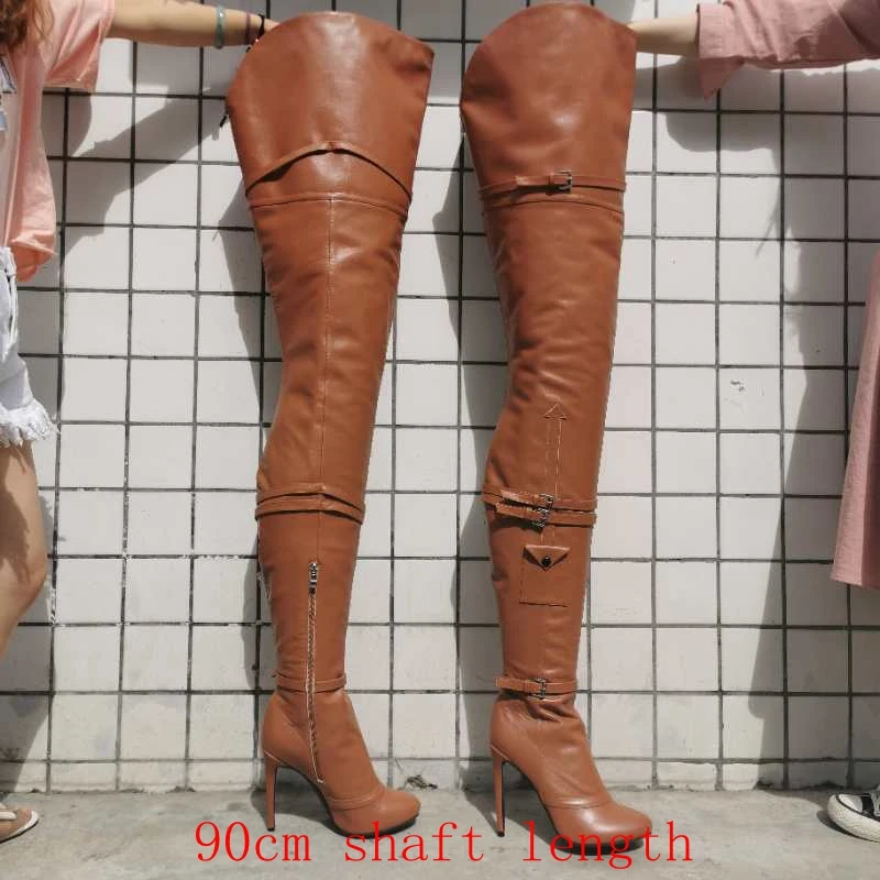 Sorbern Custom 90cm Crotch Thigh High Boots Women Genuine Leather Light Brown Long Boots Unisex Lady Boy High Heel Shoes