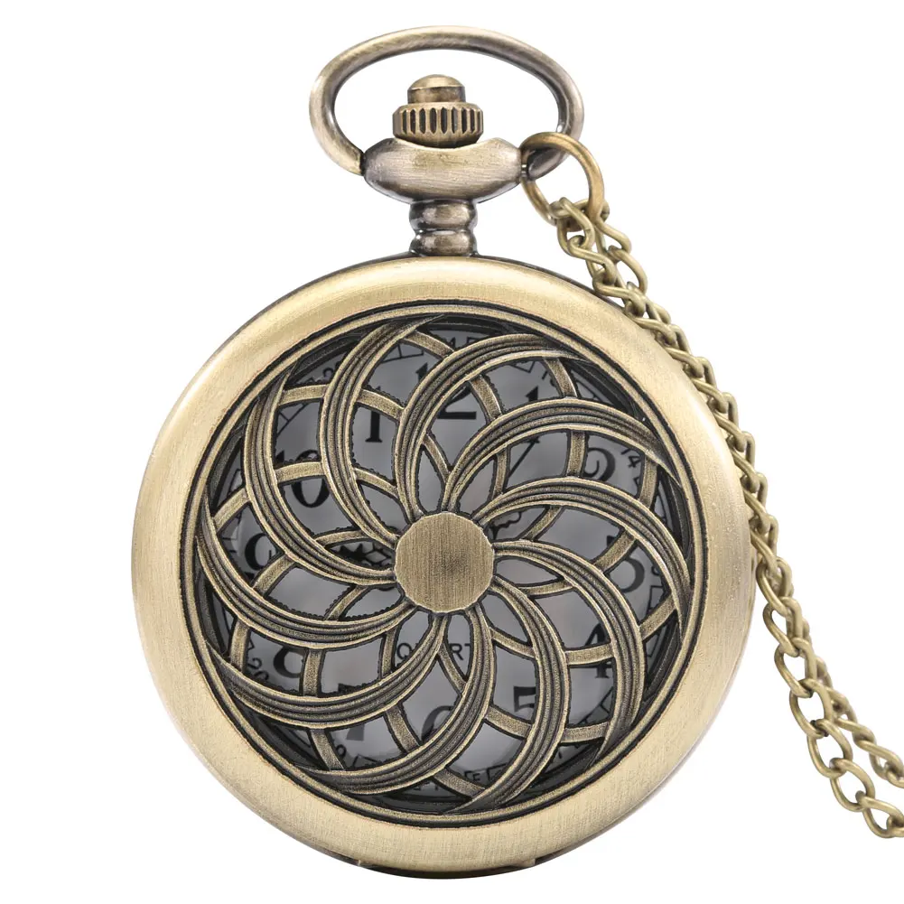 Retro Bronze Hohl Blumen Geometrie Muster Quarz Taschenuhr Pullover Kette Halskette FOB Anhänger Uhr Zeitmesser Unisex Geschenke